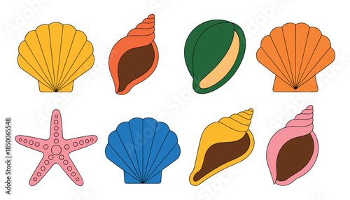 Collection of eight colorful flat seashells and starfish on white background ocean