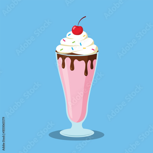 Delicious strawberry milkshake with whipped cream and cherry on top isolated on blue background. Vector illustration of sweet pink fruit smoothie with chocolate syrup and sprinkles.  