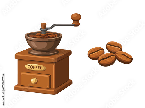 vector illustration of a coffee grinder and coffee beans. Perfect for cafe, brewing concepts.