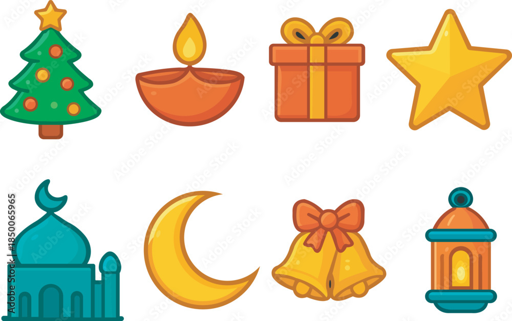Fototapeta premium Festival and Religion Flat Icon Set – Christmas, Islamic, Diwali Symbols Vector