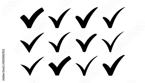 Collection of twelve black check mark symbols arranged in three rows on a white background tick sign
