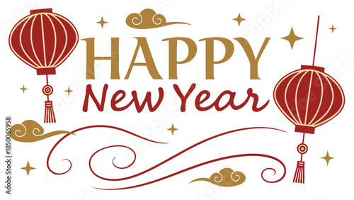 Happy New Year Greeting with Traditional Red Lanterns and Oriental Decorative Elements