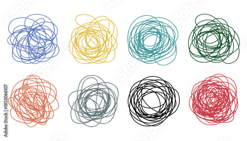 Eight abstract scribbled circles in various colors on a white background chaotic tangled