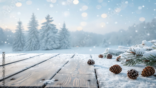 Snowy Pine Cones on Wooden Table with Winter Forest Background and Falling Snow Stock Photo pine, cones, snow, winter, wooden, table, forest, falling, snowy, christmas, holiday, background, frost,