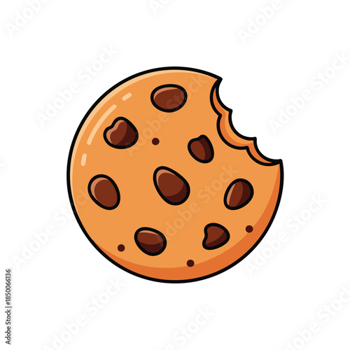 An illustration of a round cookie with chocolate chips, a bite taken out of it