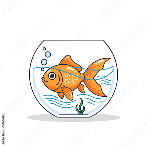 Cartoon goldfish in a bowl with bubbles and seaweed. Shadow beneath. Flat design style