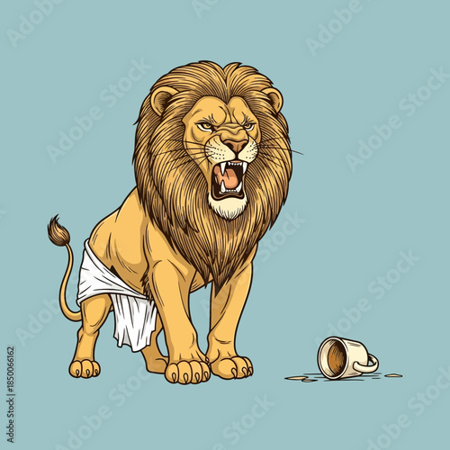 angry lion with cloth on hind leg.
