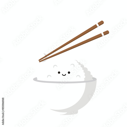 A cute, smiling bowl of rice with chopsticks on top