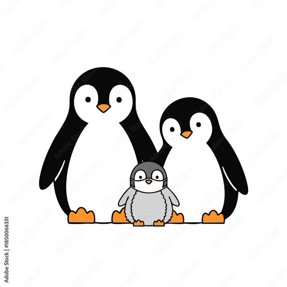 Obraz premium Cartoon illustration of three penguins parent pair, chick in mask