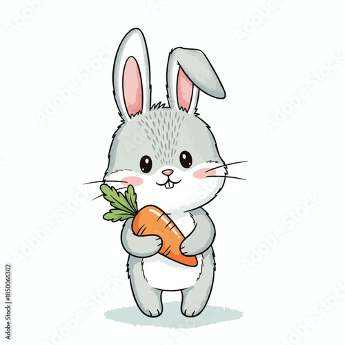 A cartoon rabbit with a carrot. It has big black eyes and pink ears