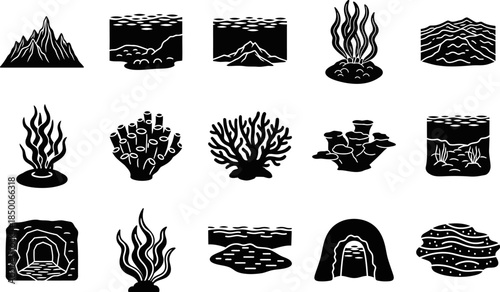 Underwater Grid Solid Filled Icons Mountain Seaweed Sand Cave Coral