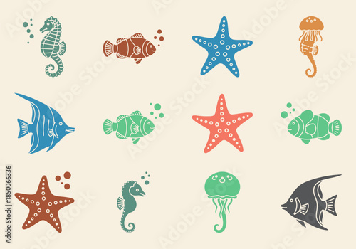 Underwater Marine Solid Filled Icons Clownfish Starfish Seahorse Angelfish