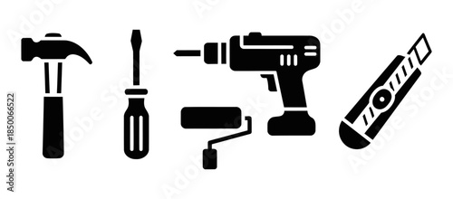 Home Improvement Tools Solid Filled Icons Hammer Screwdriver Drill Paint