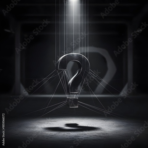 A question mark suspended by thin threads.
