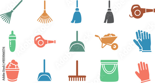 Yard Tool Solid Filled Icons Rake Broom Leaf Blower Dustpan Wheelbarrow