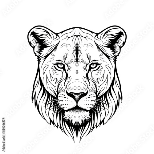 Black and White Lion Head Illustration.