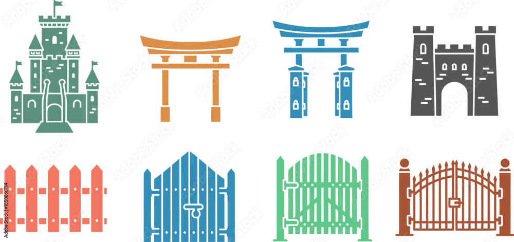 Naklejka premium Gate Locations Solid Filled Icons Driveway Garden City Temple Fence