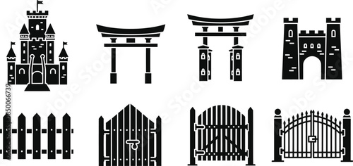 Gate Locations Solid Filled Icons Driveway Garden City Temple Castle
