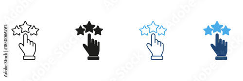 Hand Pointing At Stars Line And Solid Icon Set. User Rating, Feedback, And Review System Outline And Silhouette Symbol Collection. Customer Satisfaction And Quality. Isolated Vector Illustration