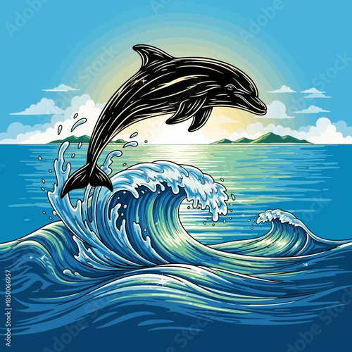 Black dolphin jumping out water.