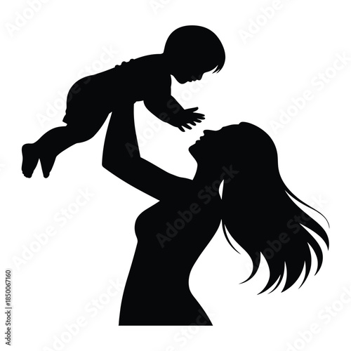 A joyous silhouette of a mother lifting her baby in the air, celebrating the pure bond of family and love