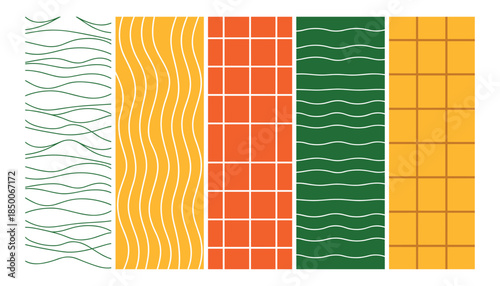 Five vertical panels with abstract patterns green wavy lines yellow wavy lines orange grid green wavy lines yellow grid