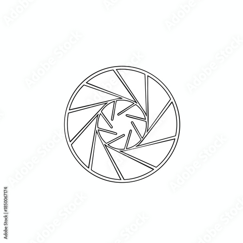 A black and white graphic of an iris diaphragm shape, comprised of angled triangles