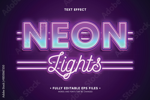 Vibrant neon lights sign with purple and blue glow on dark background