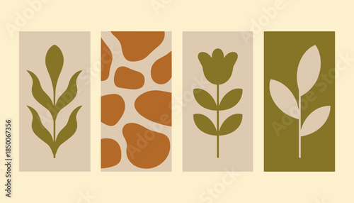 Four abstract organic shapes and botanical in muted earthy tones on cream background botanical plant