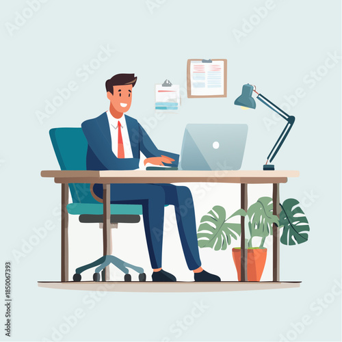 Businessman working diligently at modern office desk with laptop