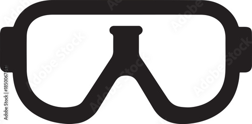 Bold safety goggles silhouette with flask reflection, solid lab safety icon on white.