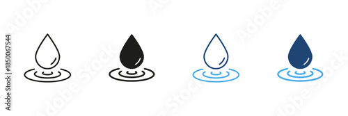 Water Droplet With Ripples Line And Solid Icon Set. Hydration, Purity, And Fluid Dynamics Outline And Silhouette Symbol Collection. Water Conservation And Cleanliness. Isolated Vector Illustration