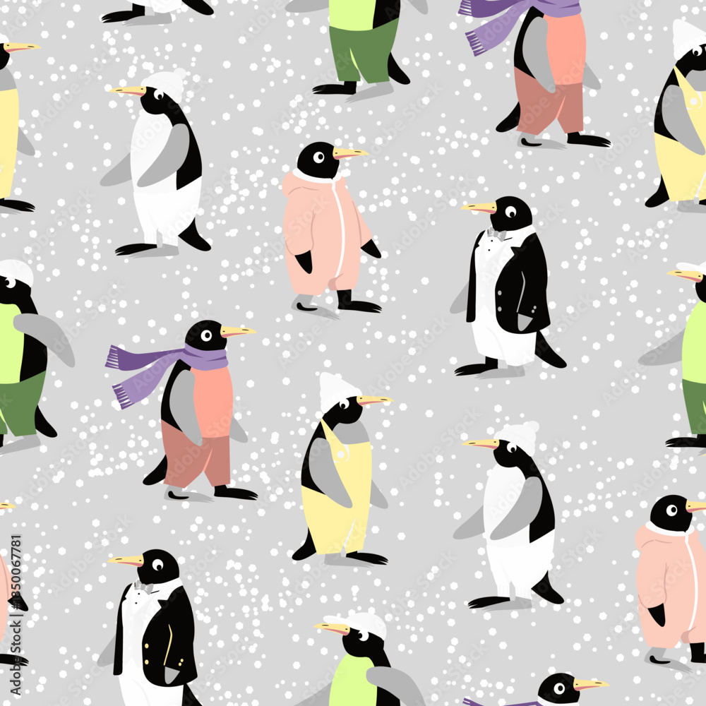 Obraz premium Vector - Pinguins seamless pattern, colorful dressed.