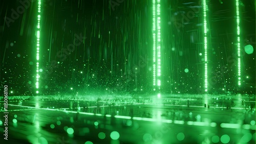 Green digital rain effect with glowing vertical lines and particles in a futuristic environment