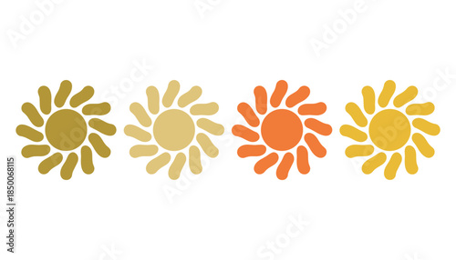 Four stylized sun in shades of gold tan and orange on white background symbol weather climate summer