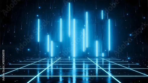 Digital grid with glowing blue vertical lines and falling light particles in a futuristic space
