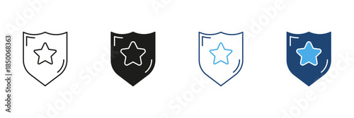 Shield With Star Line And Solid Icon Set. Security, Protection and Safety Assurance Outline And Silhouette Symbol Collection. Defense And Trust. Isolated Vector Illustration