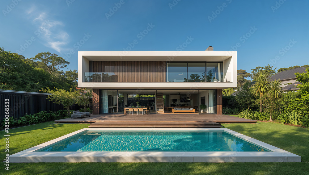 Fototapeta premium Modern luxury home with swimming pool and expansive wooden deck on a sunny day