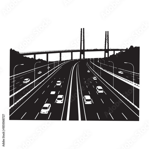 A high-speed asphalt highway with multiple lanes of traffic leads from a suburban road into the city street as cars and trucks drive past bright night lights in a motion blur of urban transportation