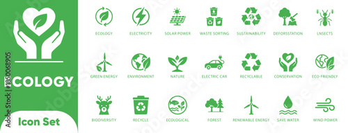 Ecology and green energy vectors. Features solar panel, waste sorting, forest, and electric car symbols. Ideal for recycling apps and green tech UI.