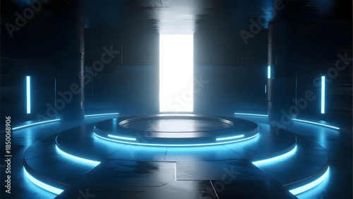 Futuristic interior with glowing blue circular platform and illuminated doorway