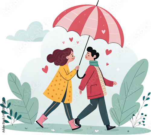 A couple walking under a heart-shaped umbrella clipart, white background