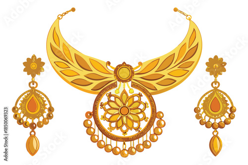 Golden floral crescent necklace with matching earrings