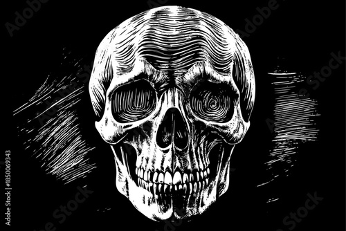 Spooky human skull isolated on black background, dark gothic horror concept, eerie minimalist composition, scary symbol for Halloween theme, mysterious design, and dramatic atmospheric visual element.