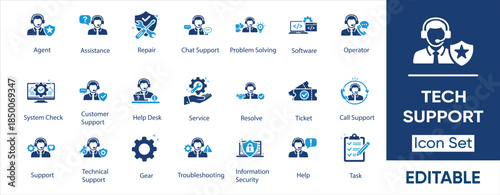 Tech Support Icon Set – IT Support, Help Desk, Troubleshooting, Cybersecurity, Customer Support and System Maintenance Icons.