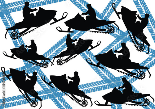 Snowmobile rider silhouette illustration pattern with winter track background, extreme snow sports action scenes, dynamic motorsport design isolated on white vector artwork
