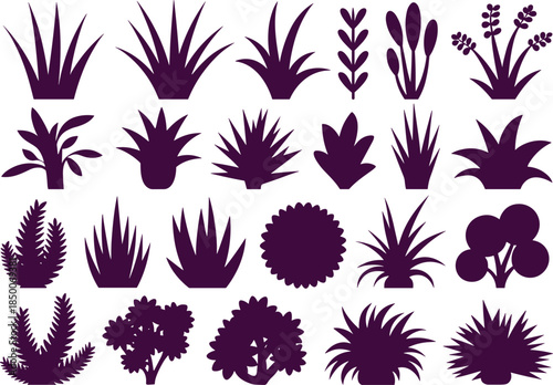 Stylized silhouettes of 25 diverse plants and shrubs in grid layout – ideal for botanical design, landscaping visuals, and nature-themed graphics.