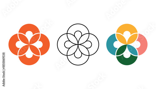 Three abstract floral petal shapes in orange black and multicolor variations on white background symbol