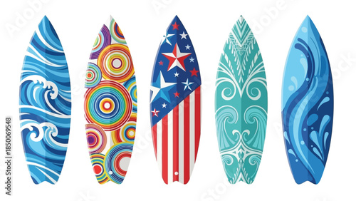 Five colorful surfboards with various designs on a white background, showcasing patterns and an American flag motif.