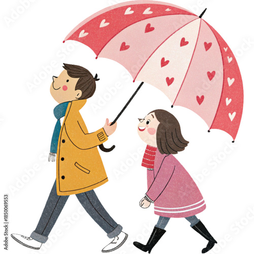A couple walking under a heart-shaped umbrella clipart, white background